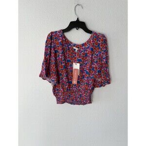 Skies Are Blue Women's Short Sleeve Smocked Bottom Floral V Neck Blouse Med NWT